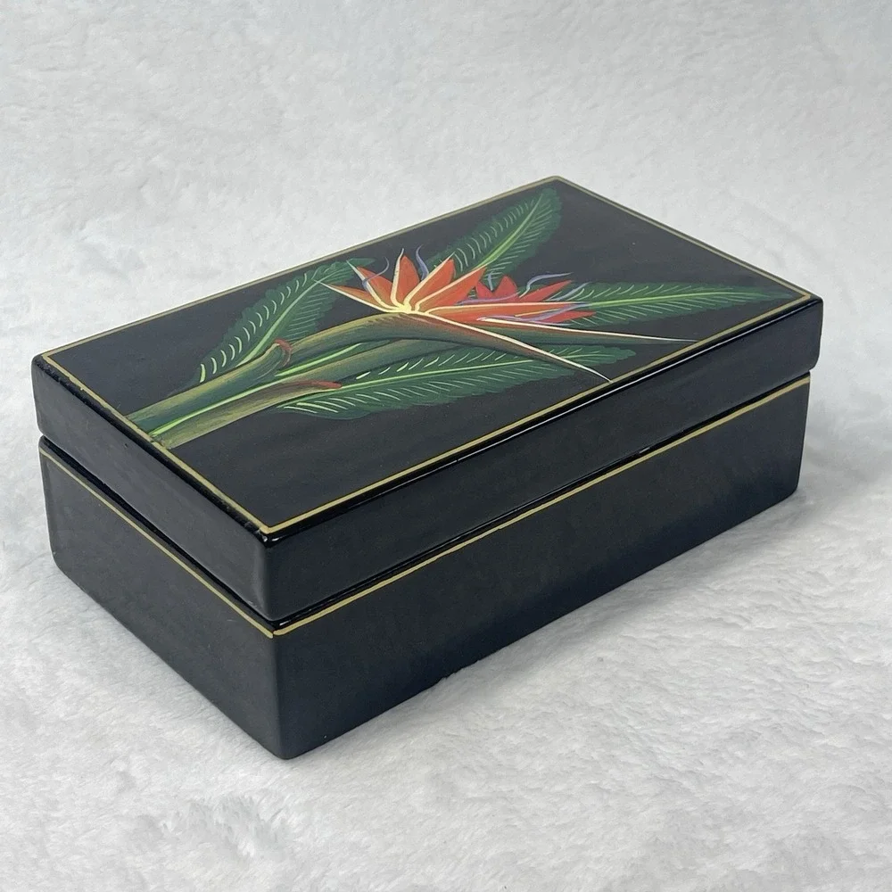 Vintage Black Lacquer Bird of Paradise Trinket Box Jewelry Keepsake Box 6